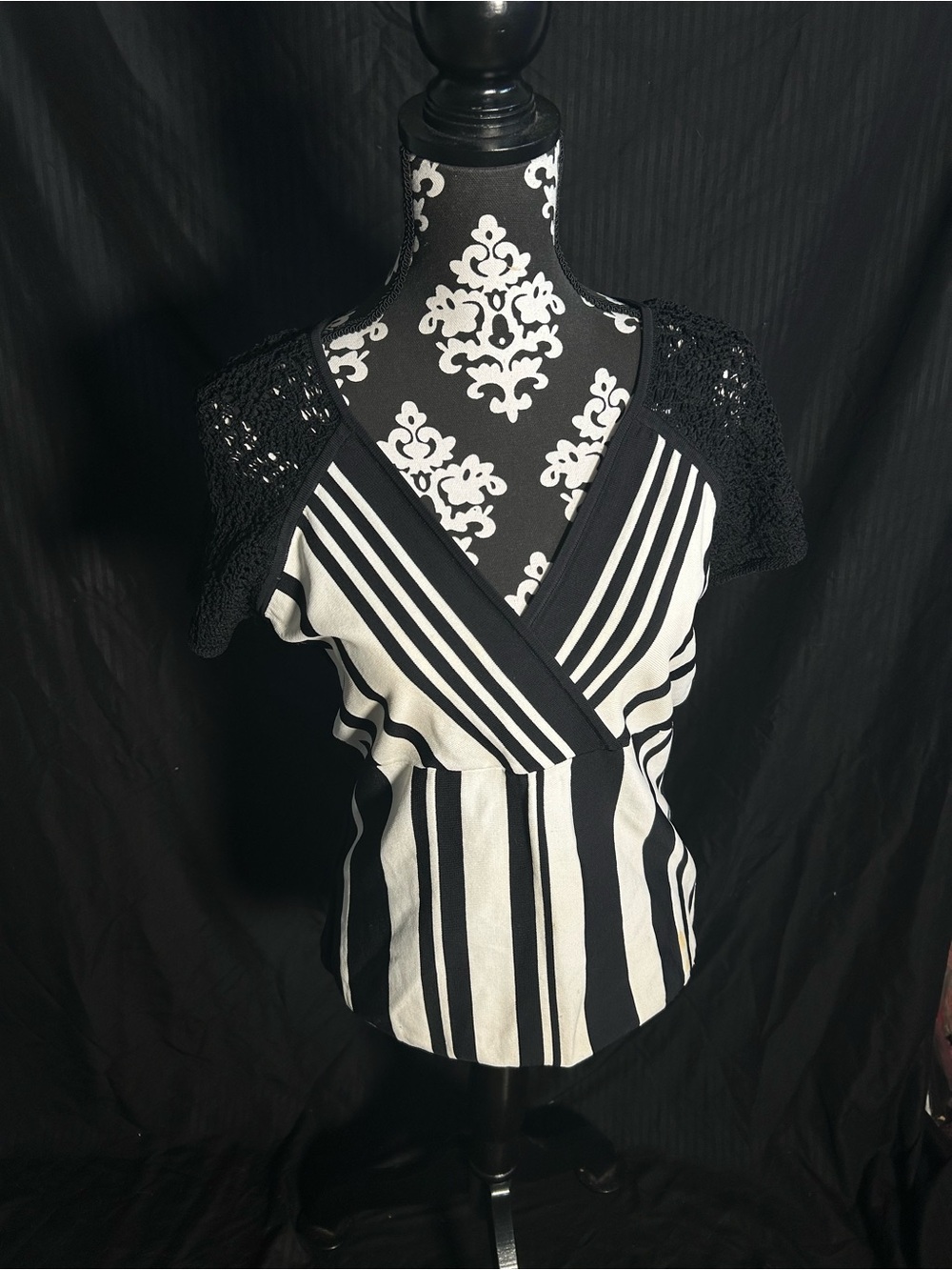 august silk Black & White Striped Wrap-Front Top with Crochet Sleeves